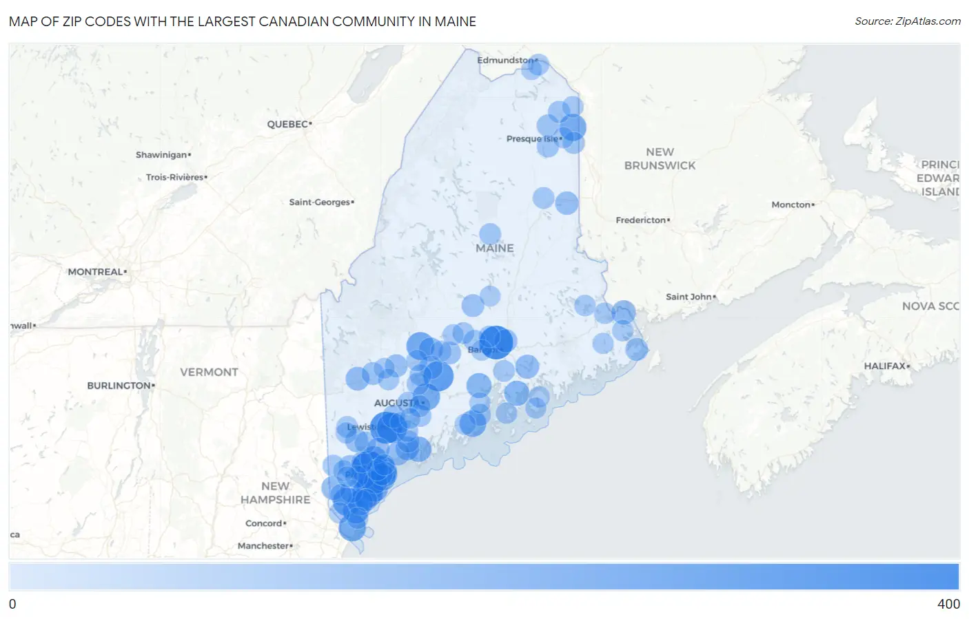 Zip Codes with the Largest Canadian Community in Maine Map