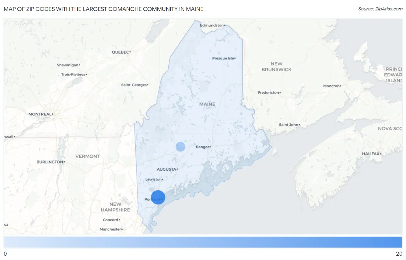 Zip Codes with the Largest Comanche Community in Maine Map