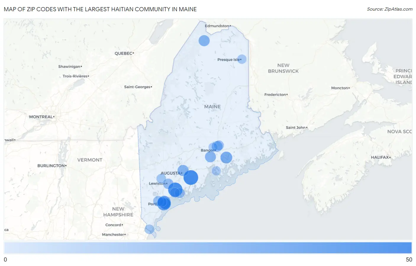 Zip Codes with the Largest Haitian Community in Maine Map