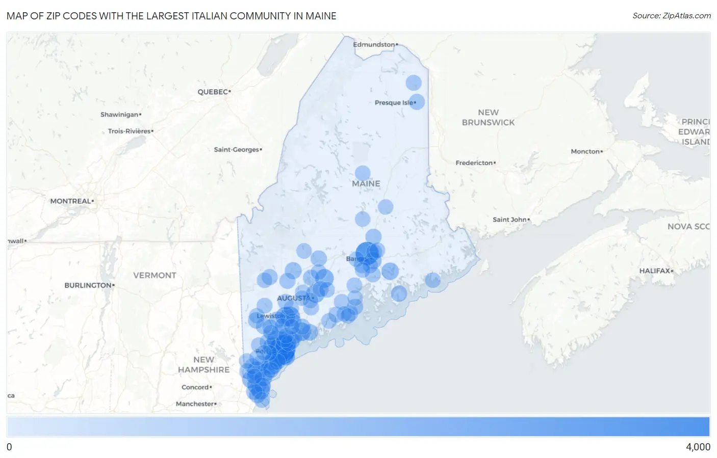 Zip Codes with the Largest Italian Community in Maine Map