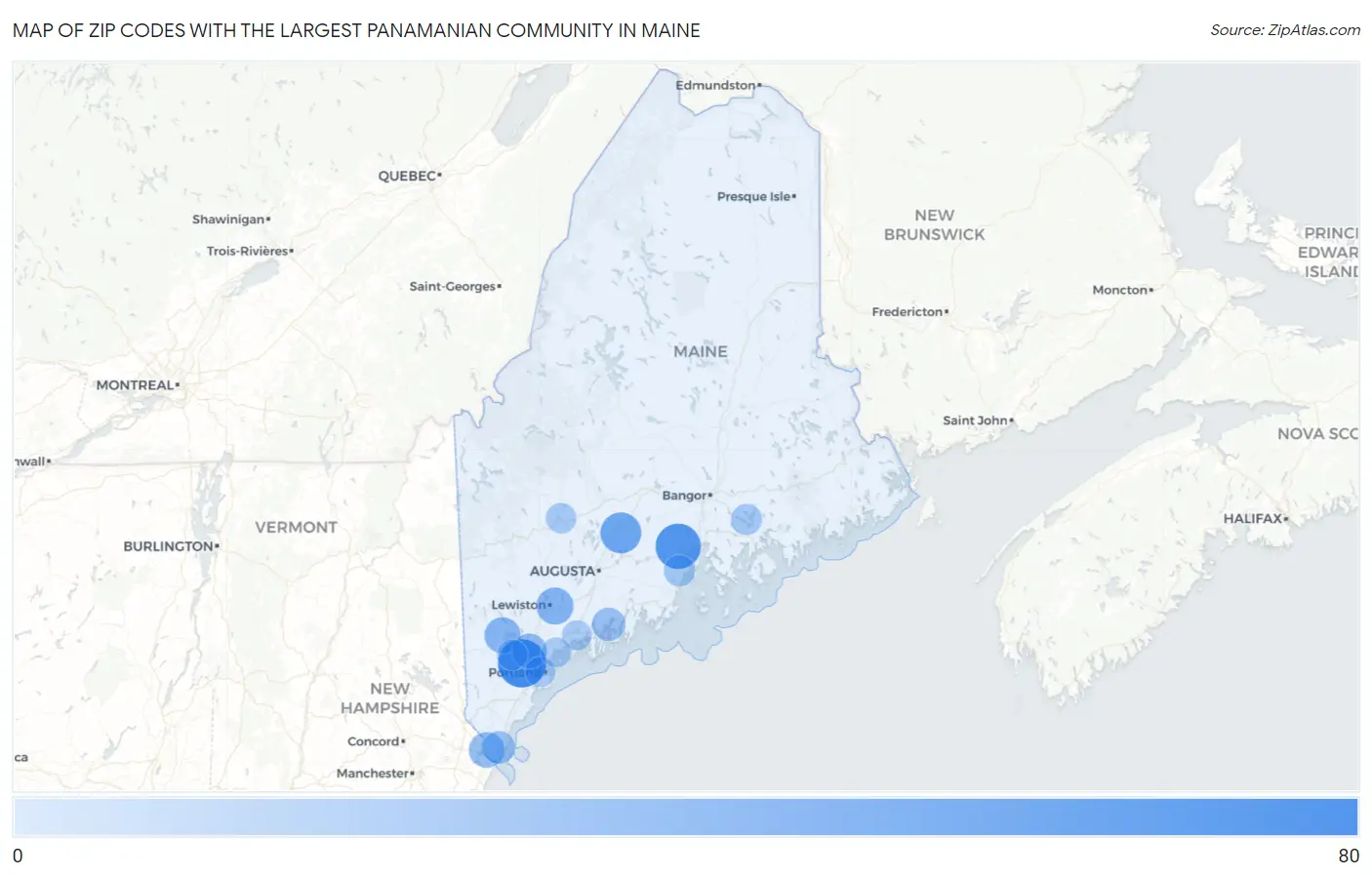 Zip Codes with the Largest Panamanian Community in Maine Map