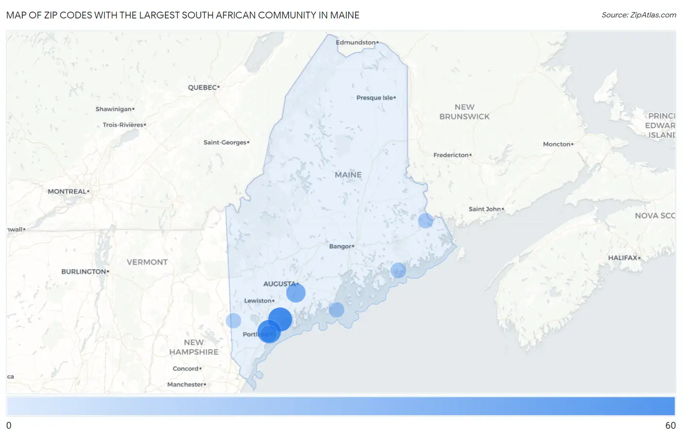 Zip Codes with the Largest South African Community in Maine Map