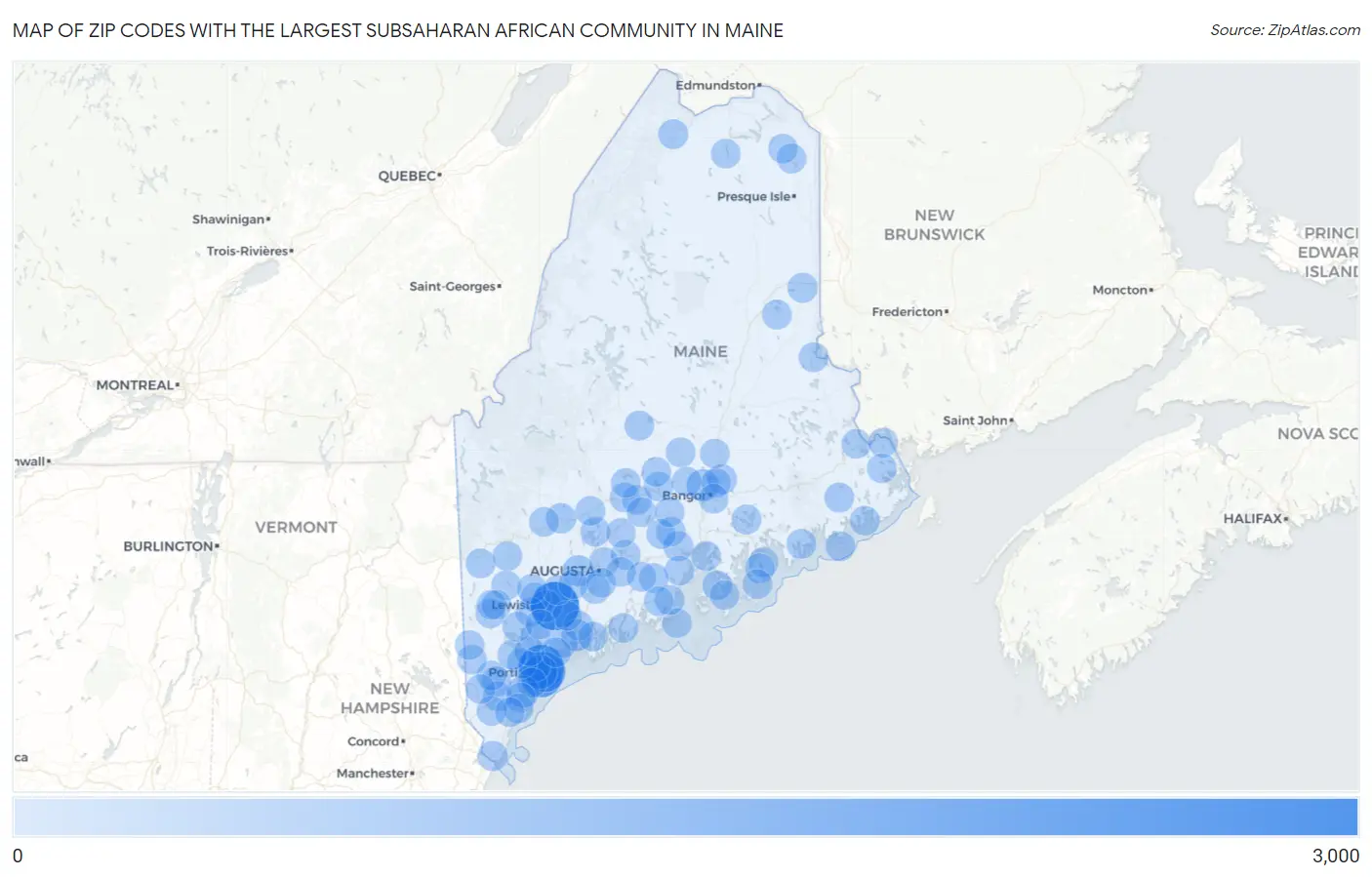 Zip Codes with the Largest Subsaharan African Community in Maine Map