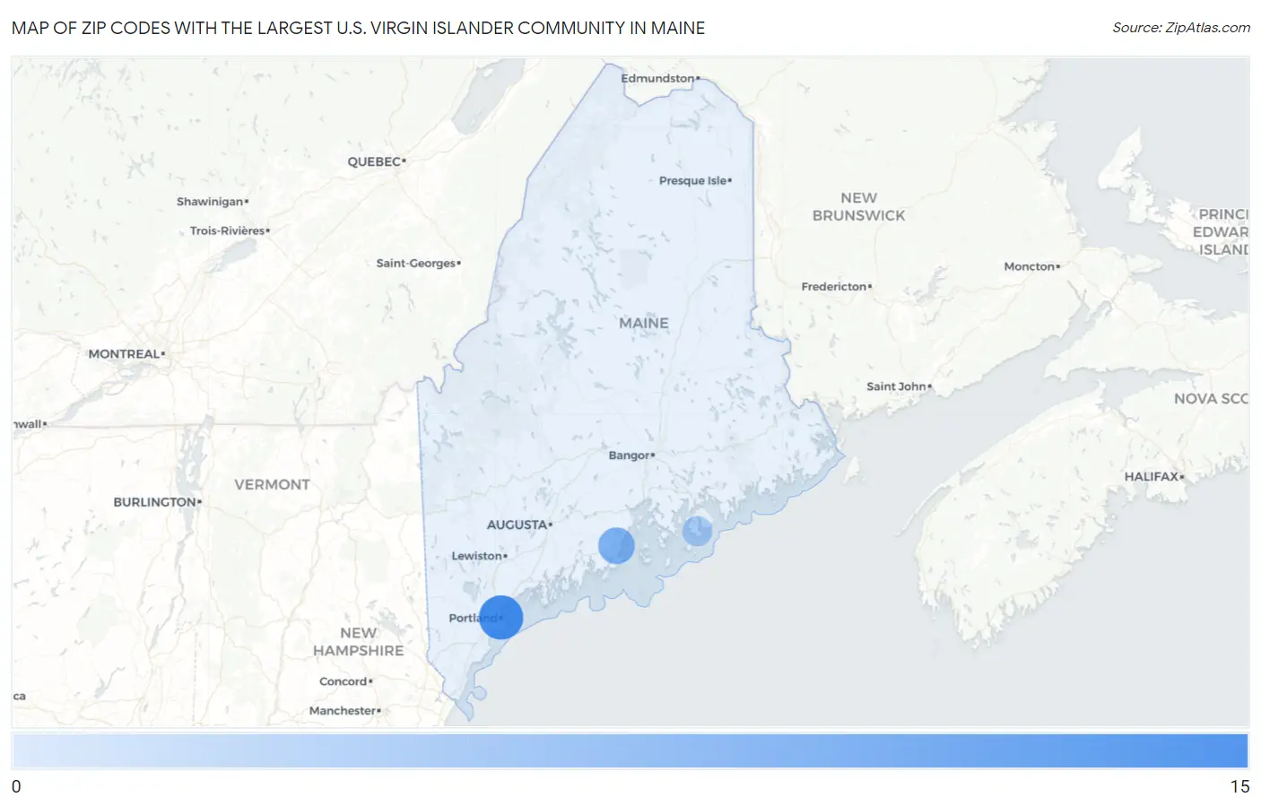 Zip Codes with the Largest U.S. Virgin Islander Community in Maine Map