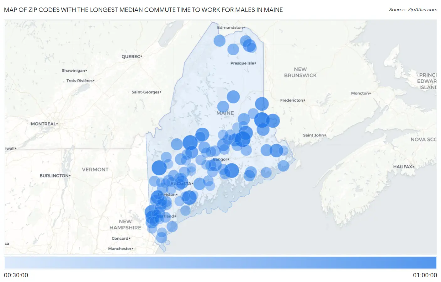 Zip Codes with the Longest Median Commute Time to Work for Males in Maine Map
