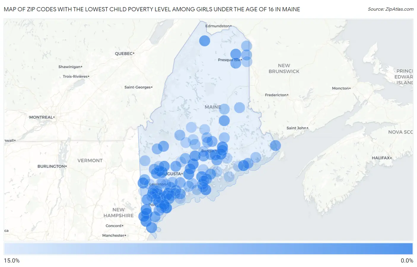 Zip Codes with the Lowest Child Poverty Level Among Girls Under the Age of 16 in Maine Map