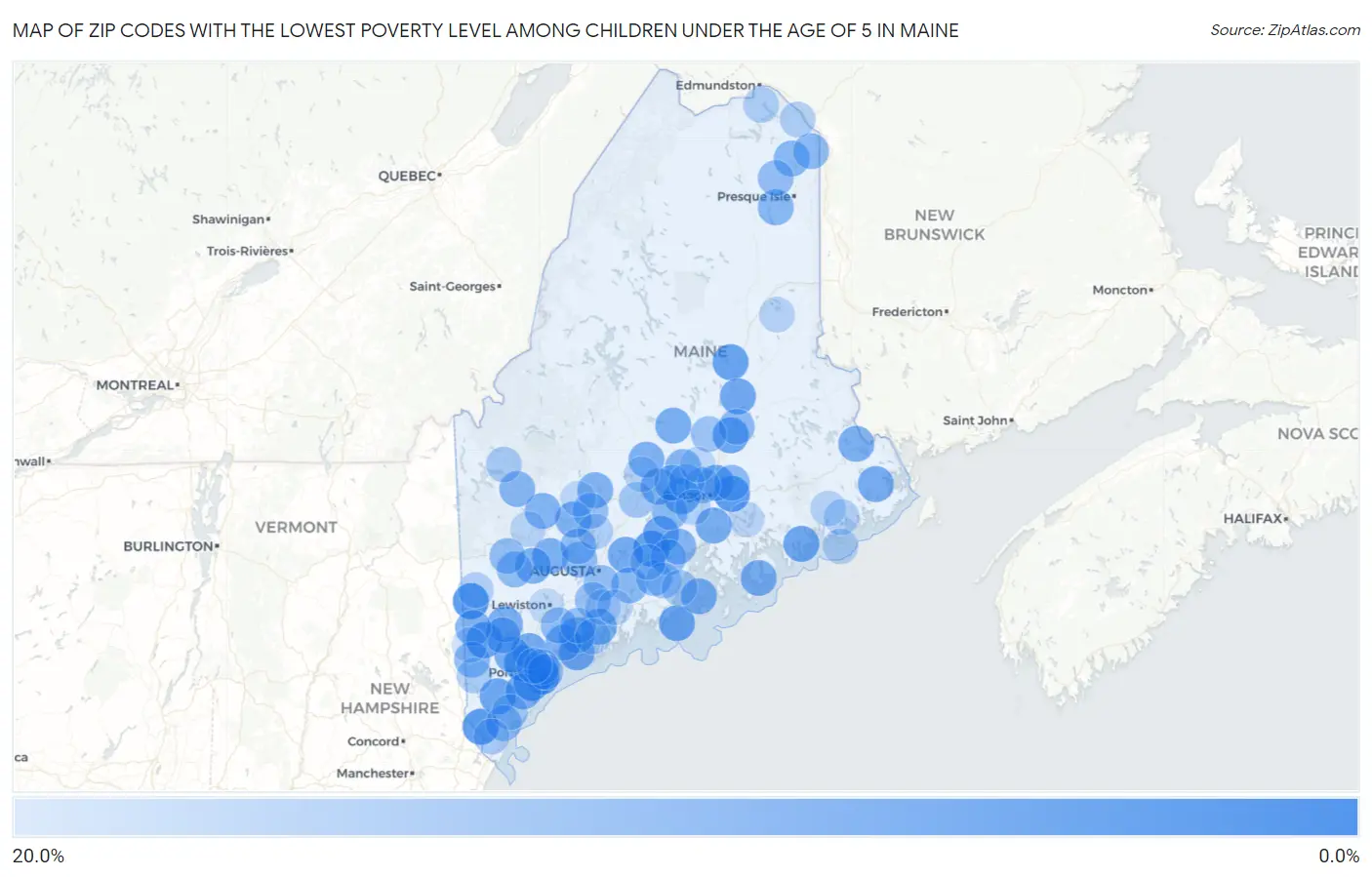 Zip Codes with the Lowest Poverty Level Among Children Under the Age of 5 in Maine Map