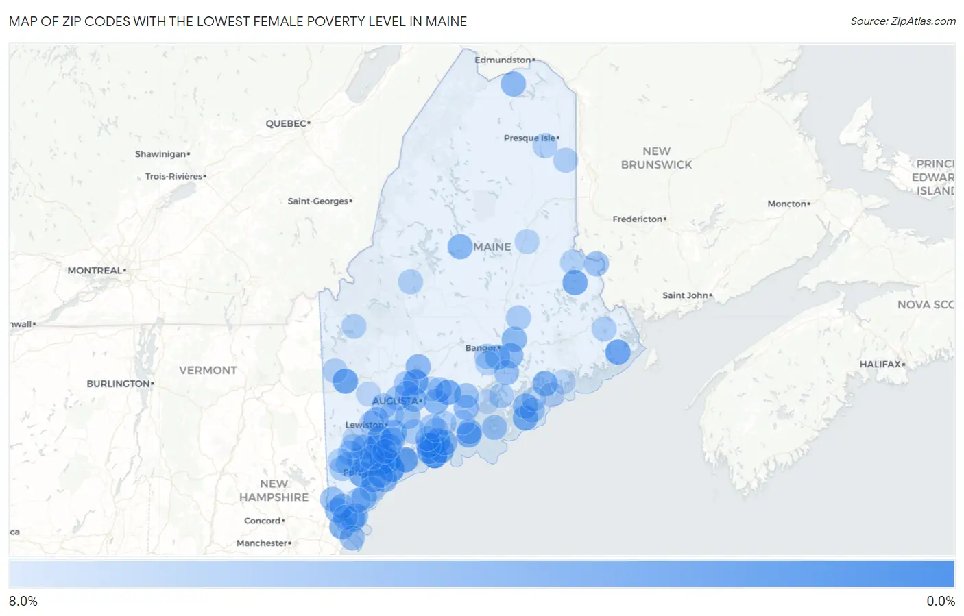 Zip Codes with the Lowest Female Poverty Level in Maine Map