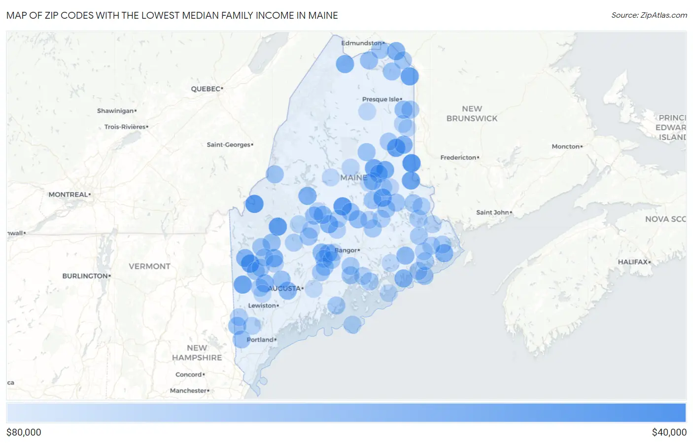 Zip Codes with the Lowest Median Family Income in Maine Map
