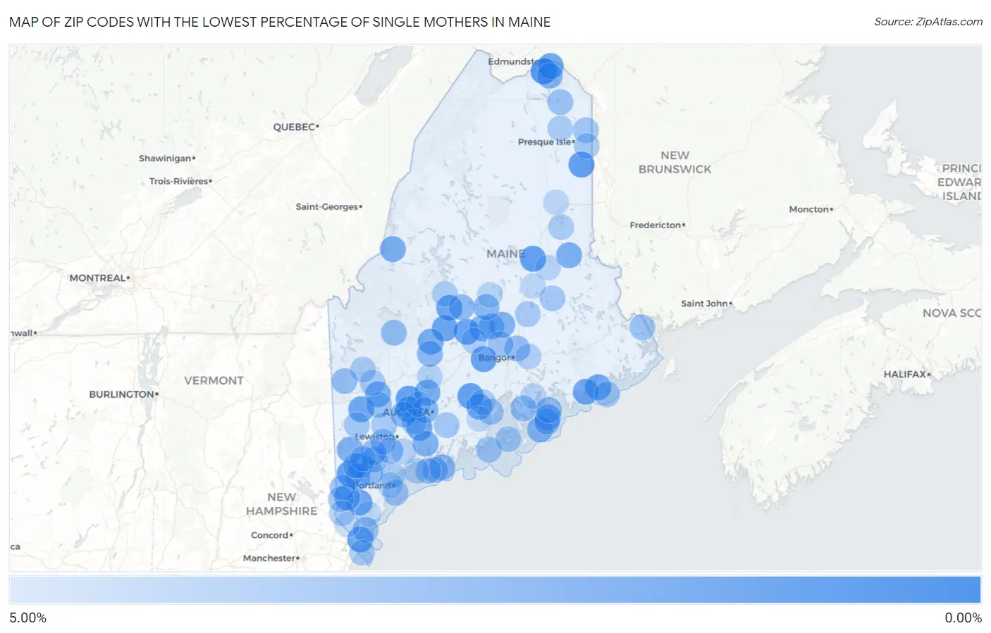 Zip Codes with the Lowest Percentage of Single Mothers in Maine Map