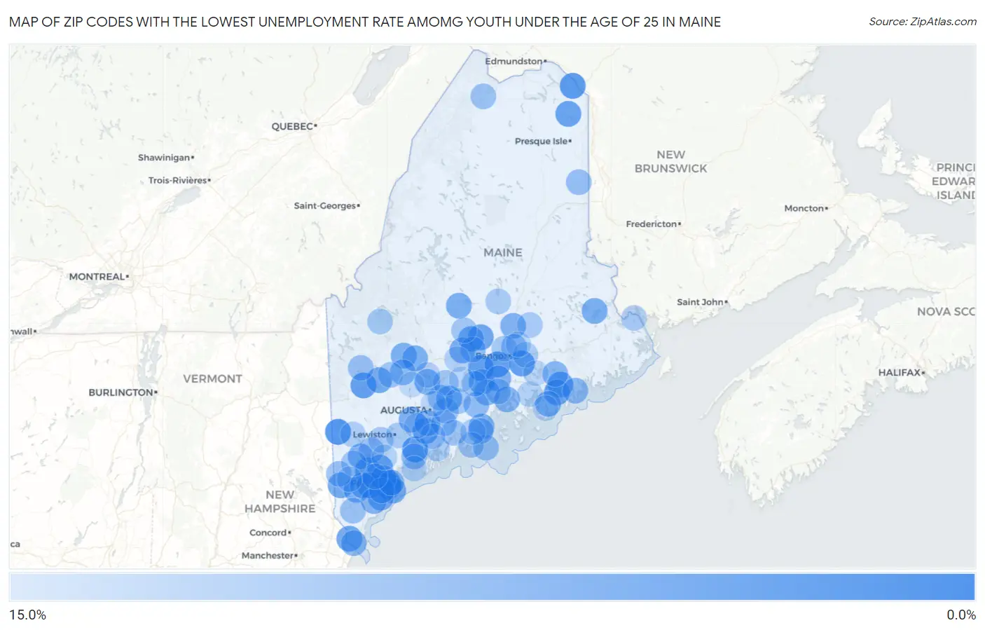 Zip Codes with the Lowest Unemployment Rate Amomg Youth Under the Age of 25 in Maine Map