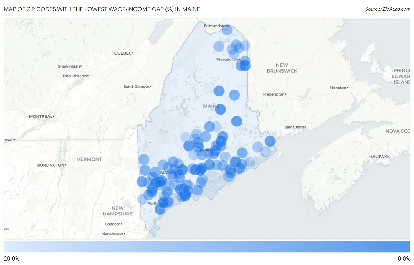 Zip Codes with the Lowest Wage/Income Gap (%) in Maine Map