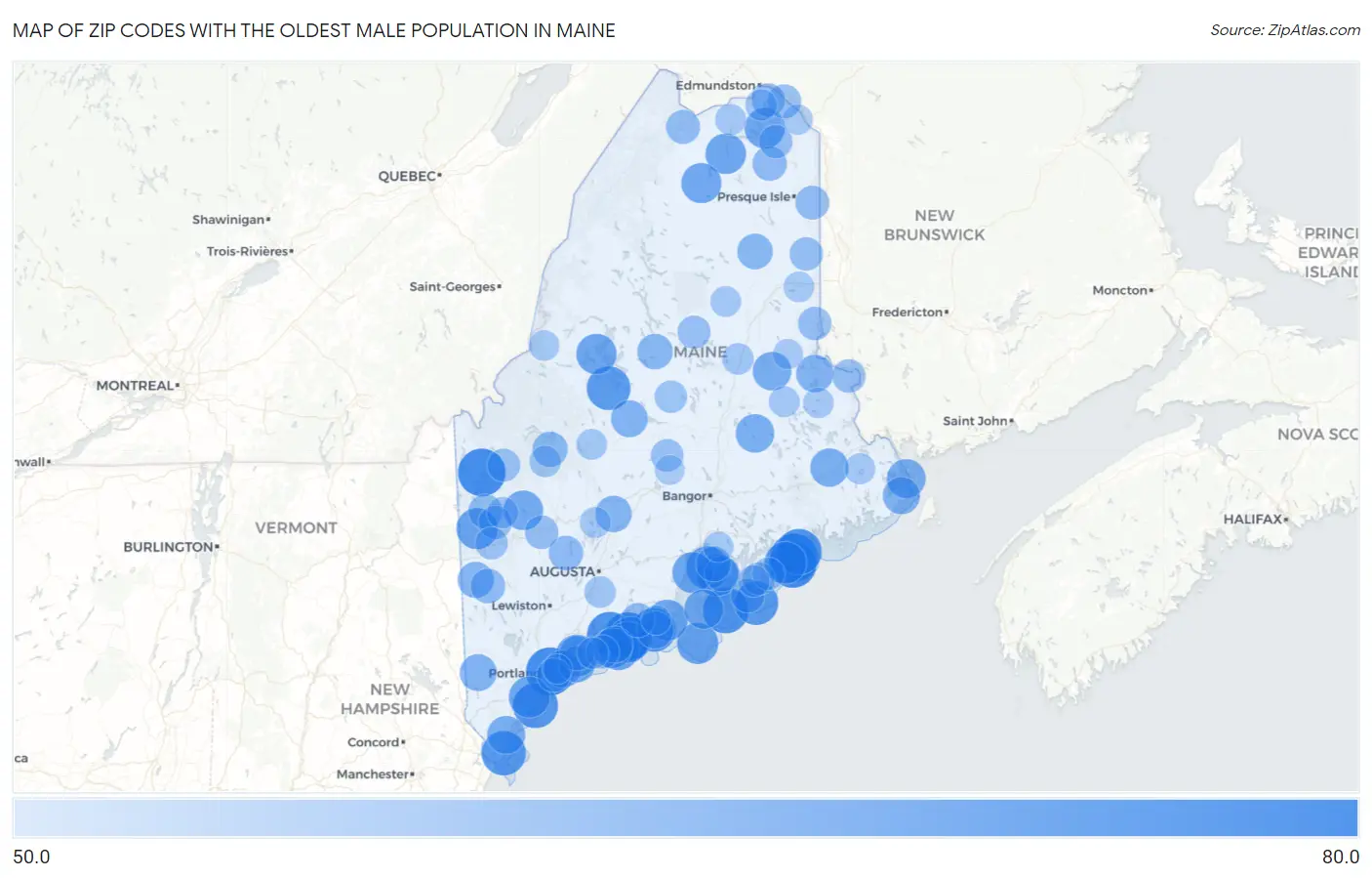 Zip Codes with the Oldest Male Population in Maine Map