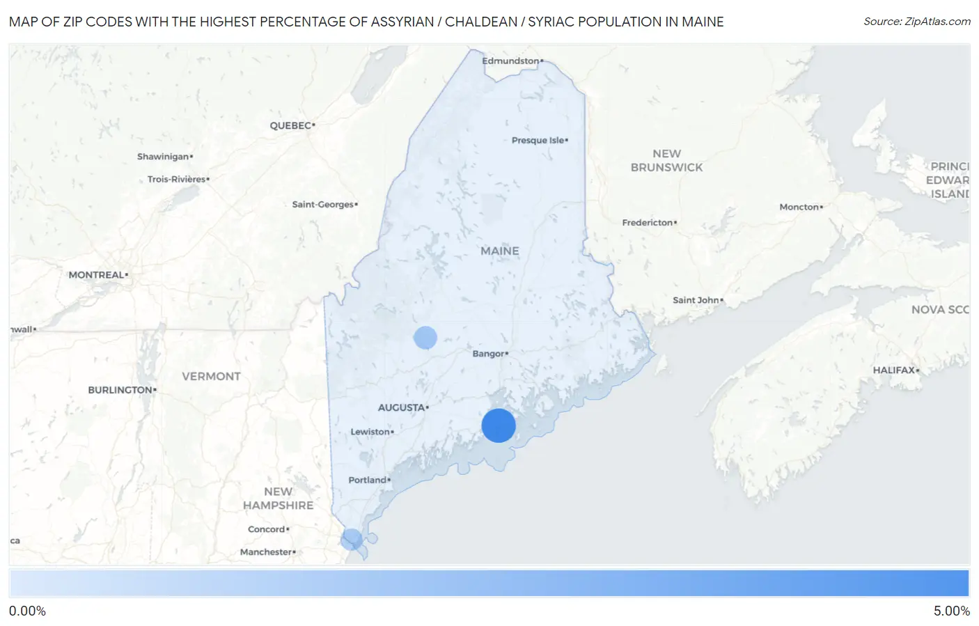 Zip Codes with the Highest Percentage of Assyrian / Chaldean / Syriac Population in Maine Map