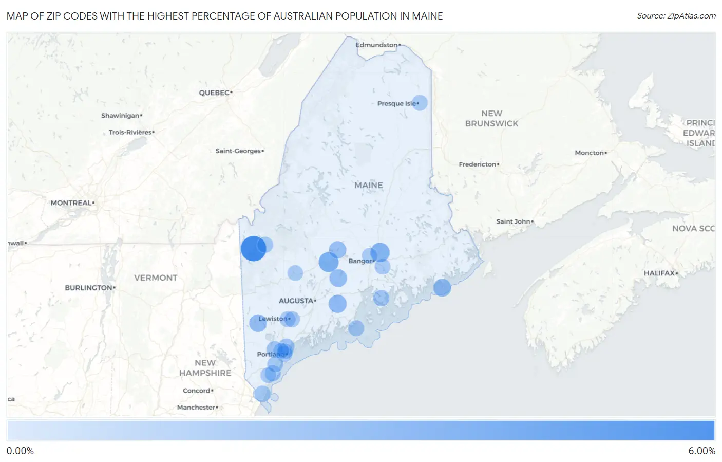 Zip Codes with the Highest Percentage of Australian Population in Maine Map