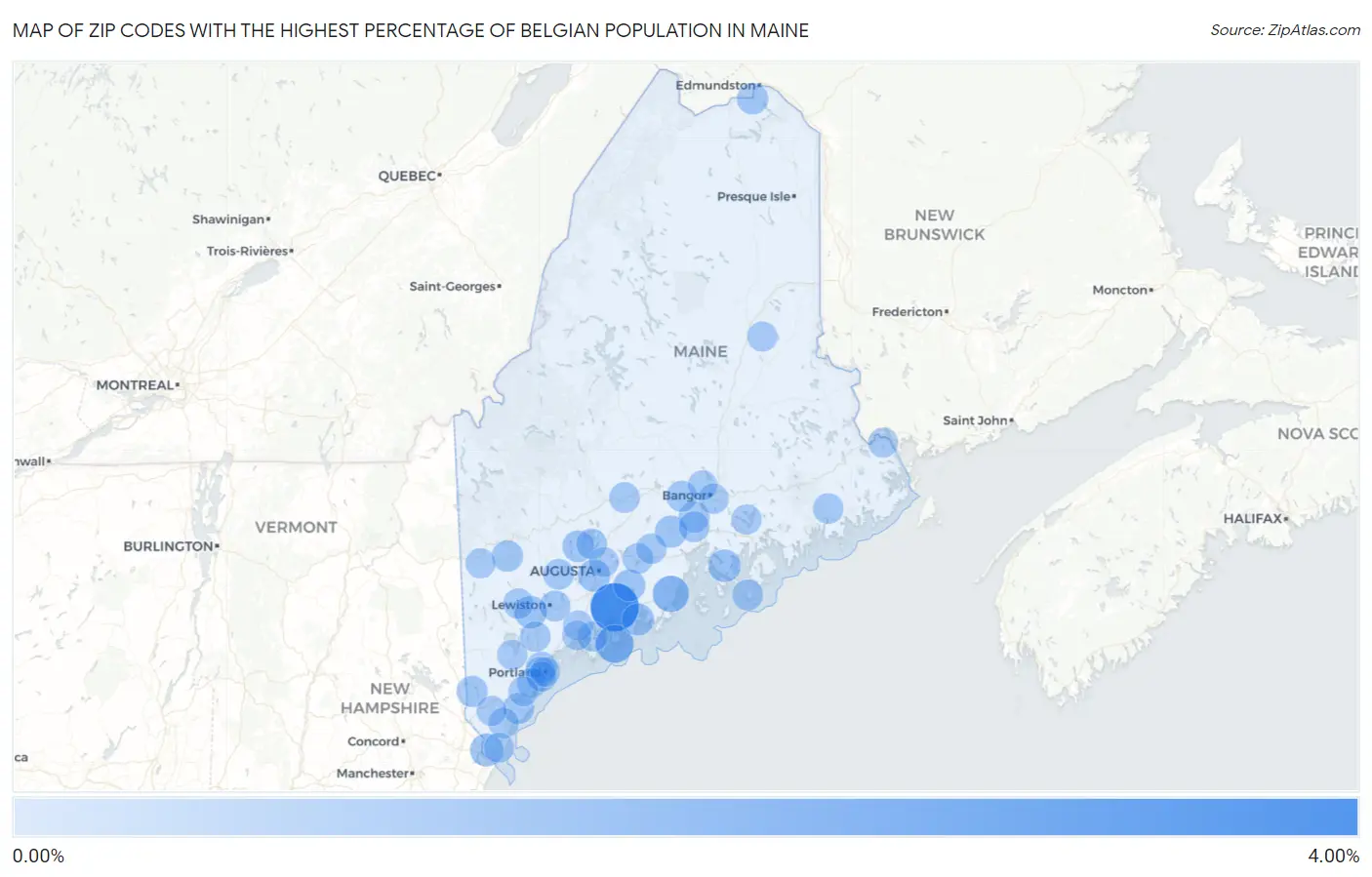 Zip Codes with the Highest Percentage of Belgian Population in Maine Map
