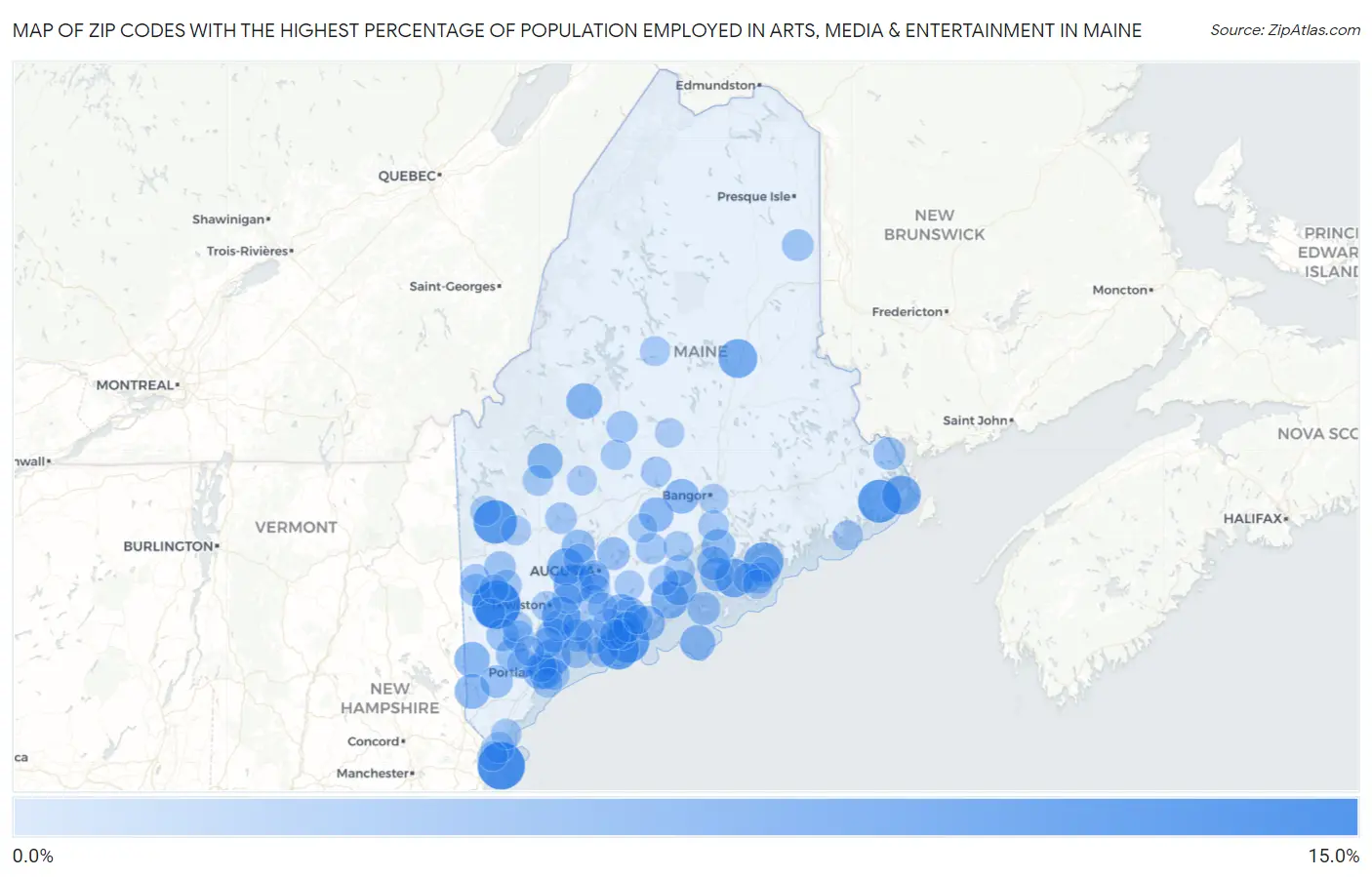 Zip Codes with the Highest Percentage of Population Employed in Arts, Media & Entertainment in Maine Map