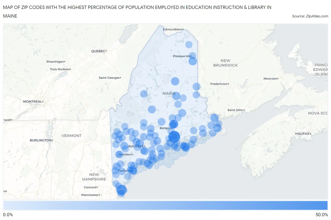 Zip Codes with the Highest Percentage of Population Employed in Education Instruction & Library in Maine Map