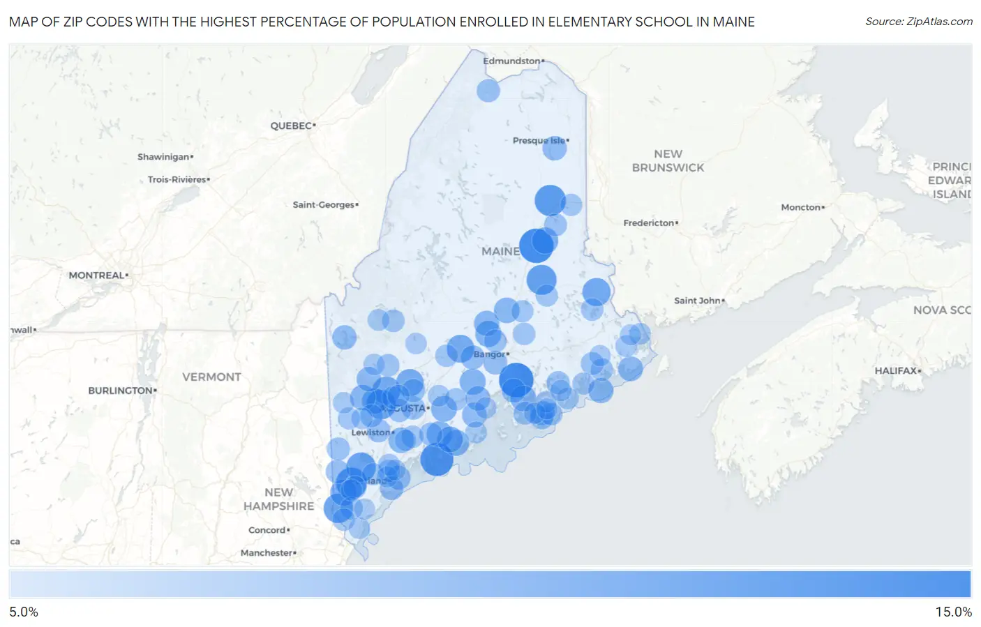Zip Codes with the Highest Percentage of Population Enrolled in Elementary School in Maine Map