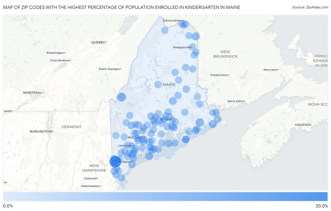Zip Codes with the Highest Percentage of Population Enrolled in Kindergarten in Maine Map