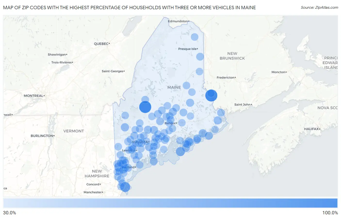 Zip Codes with the Highest Percentage of Households With Three or more Vehicles in Maine Map