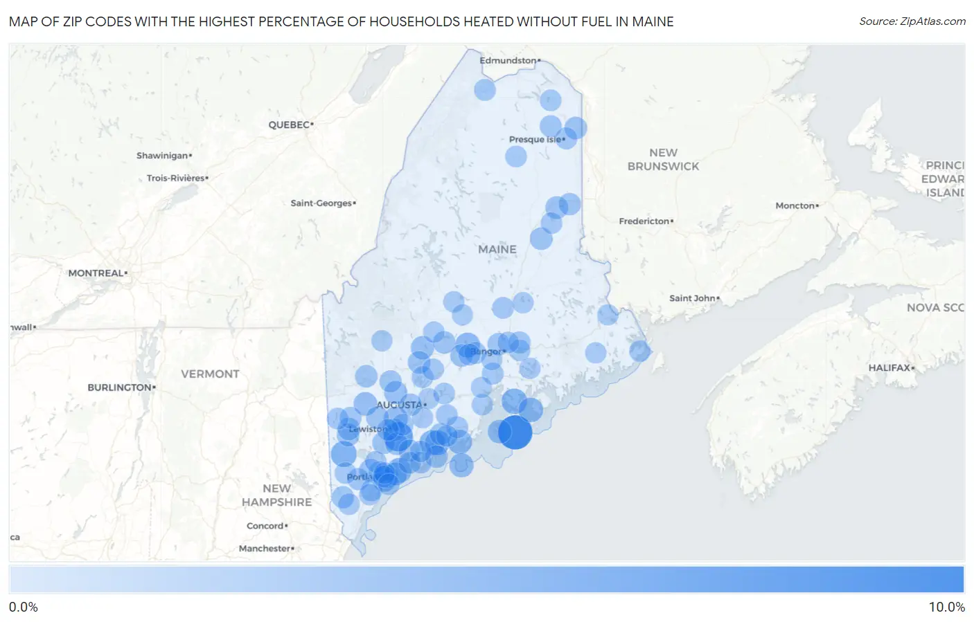 Zip Codes with the Highest Percentage of Households Heated without Fuel in Maine Map