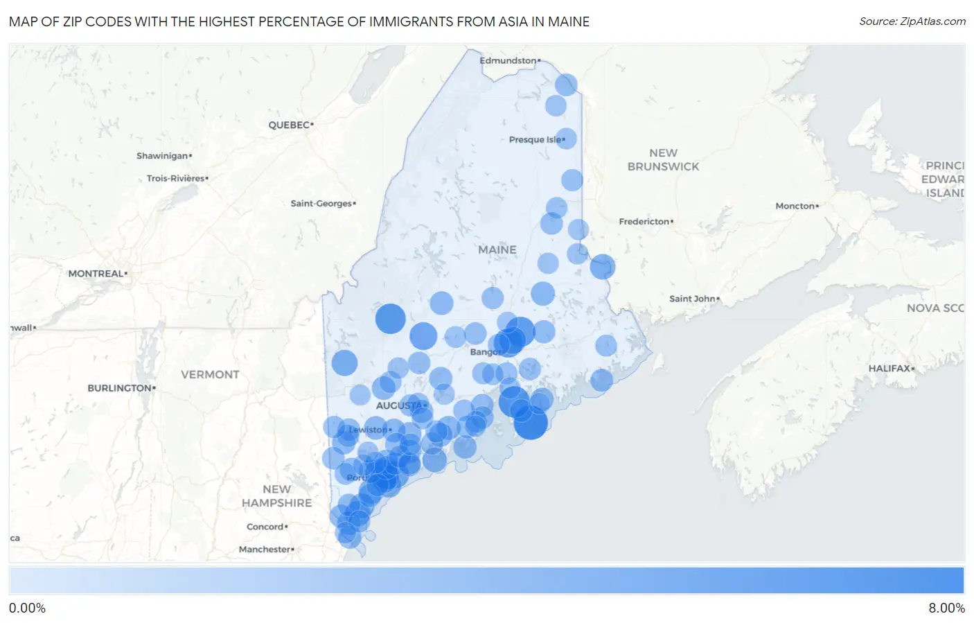 Zip Codes with the Highest Percentage of Immigrants from Asia in Maine Map