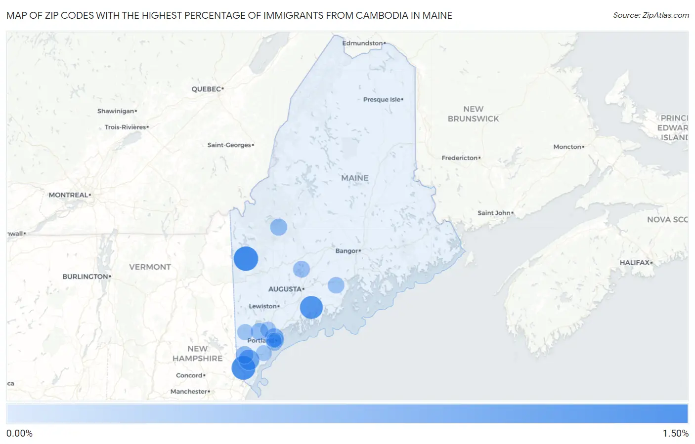 Zip Codes with the Highest Percentage of Immigrants from Cambodia in Maine Map