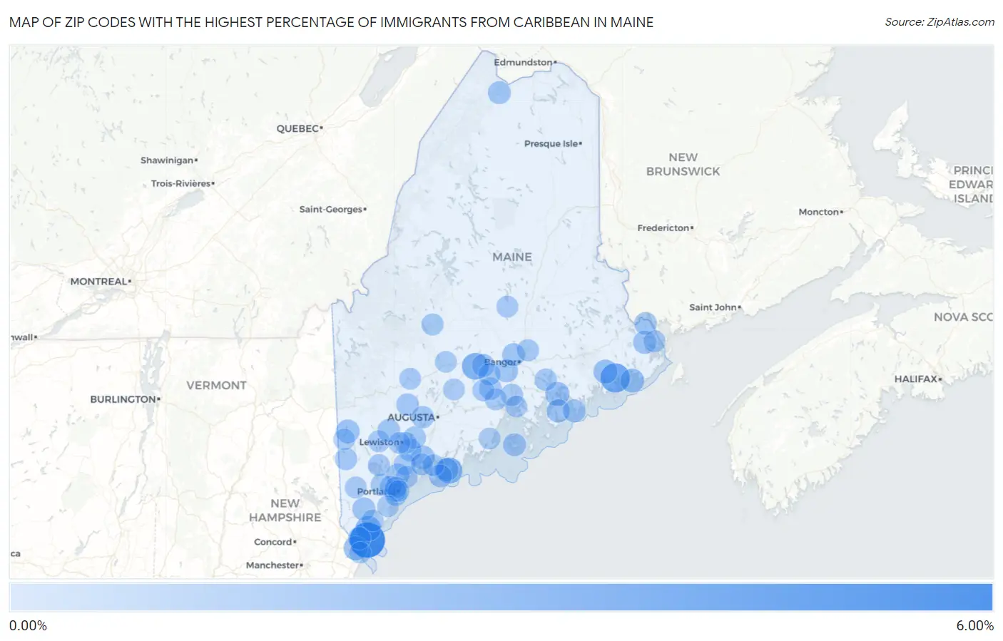 Zip Codes with the Highest Percentage of Immigrants from Caribbean in Maine Map