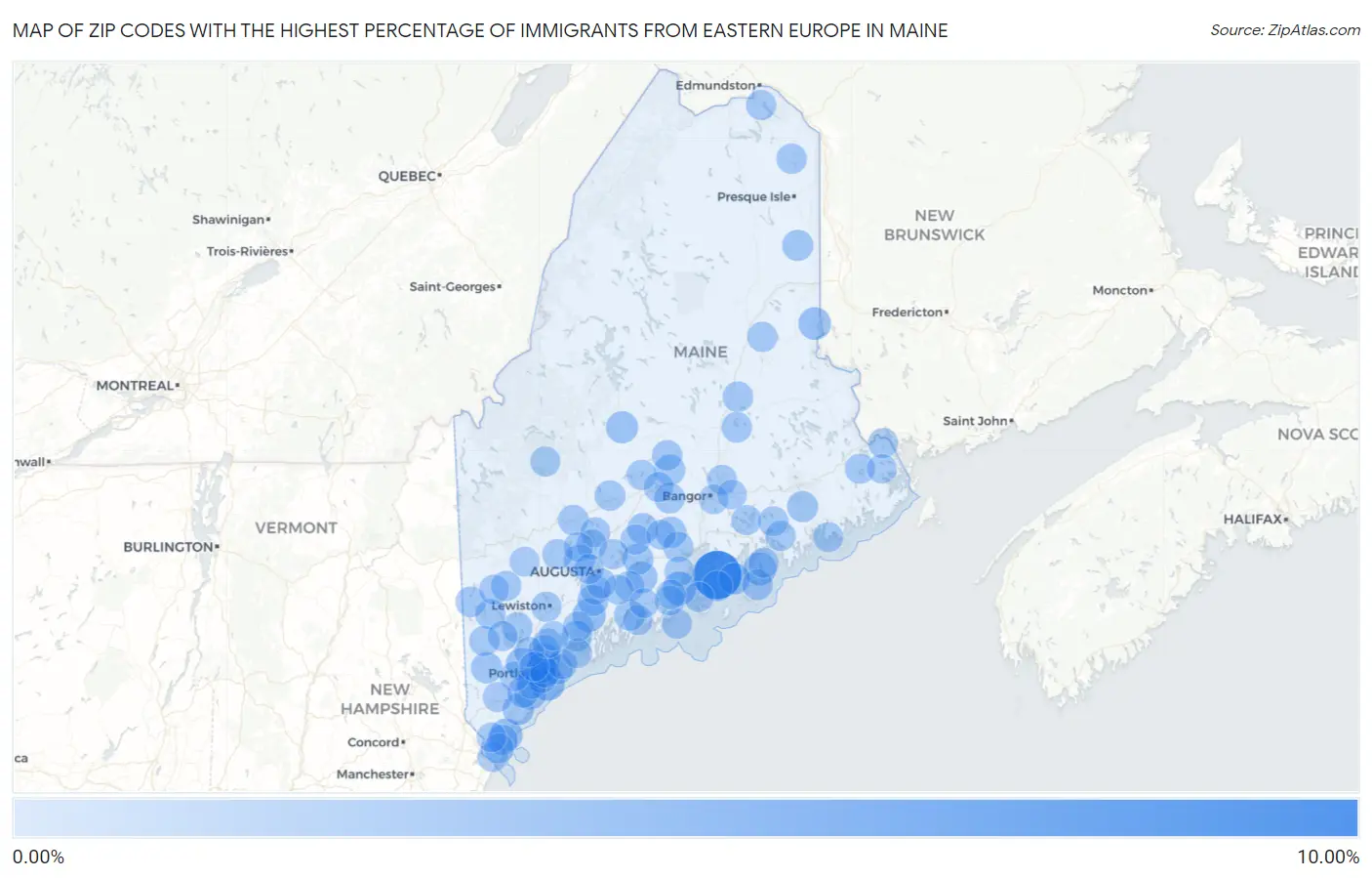 Zip Codes with the Highest Percentage of Immigrants from Eastern Europe in Maine Map