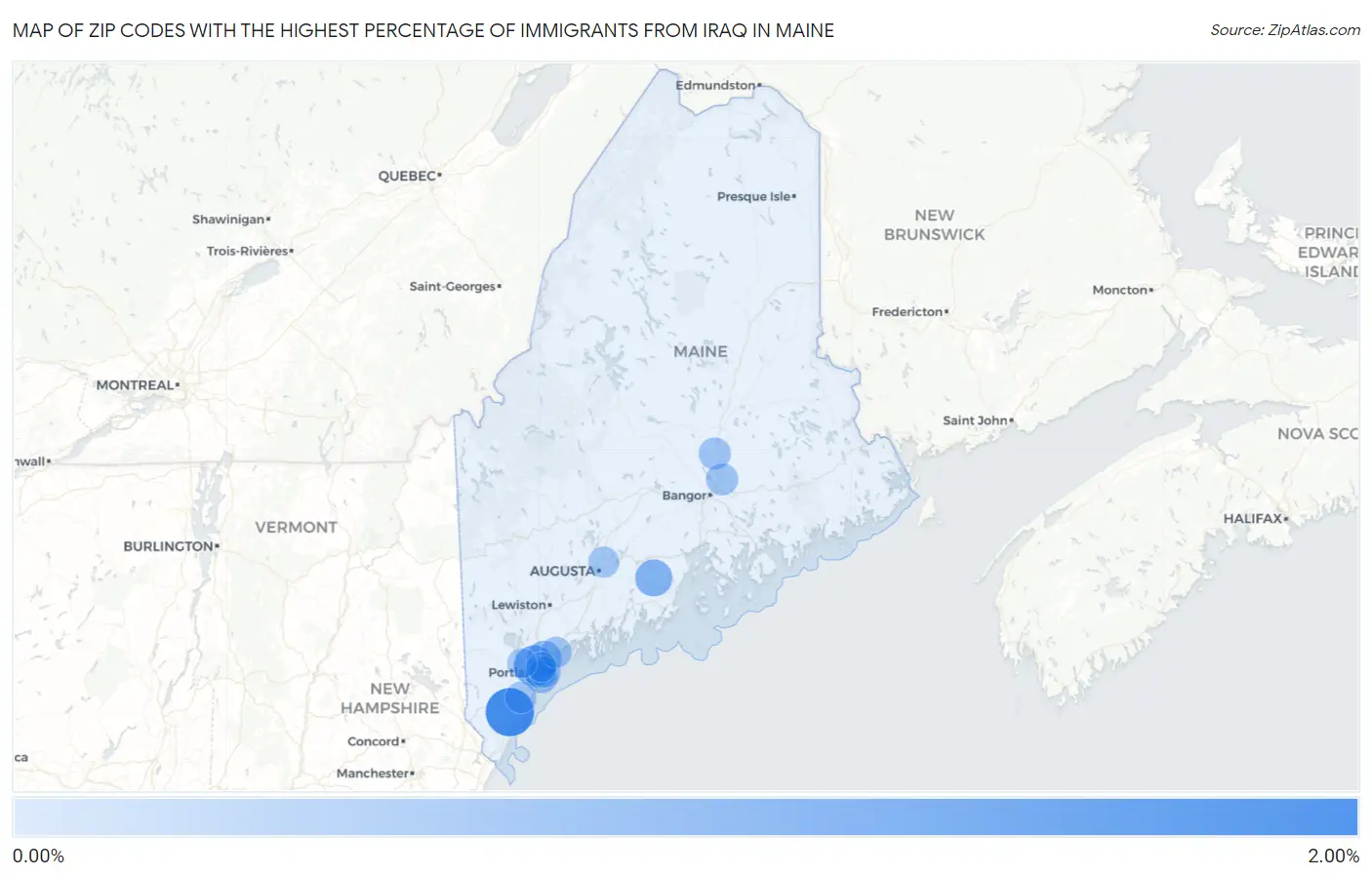 Zip Codes with the Highest Percentage of Immigrants from Iraq in Maine Map
