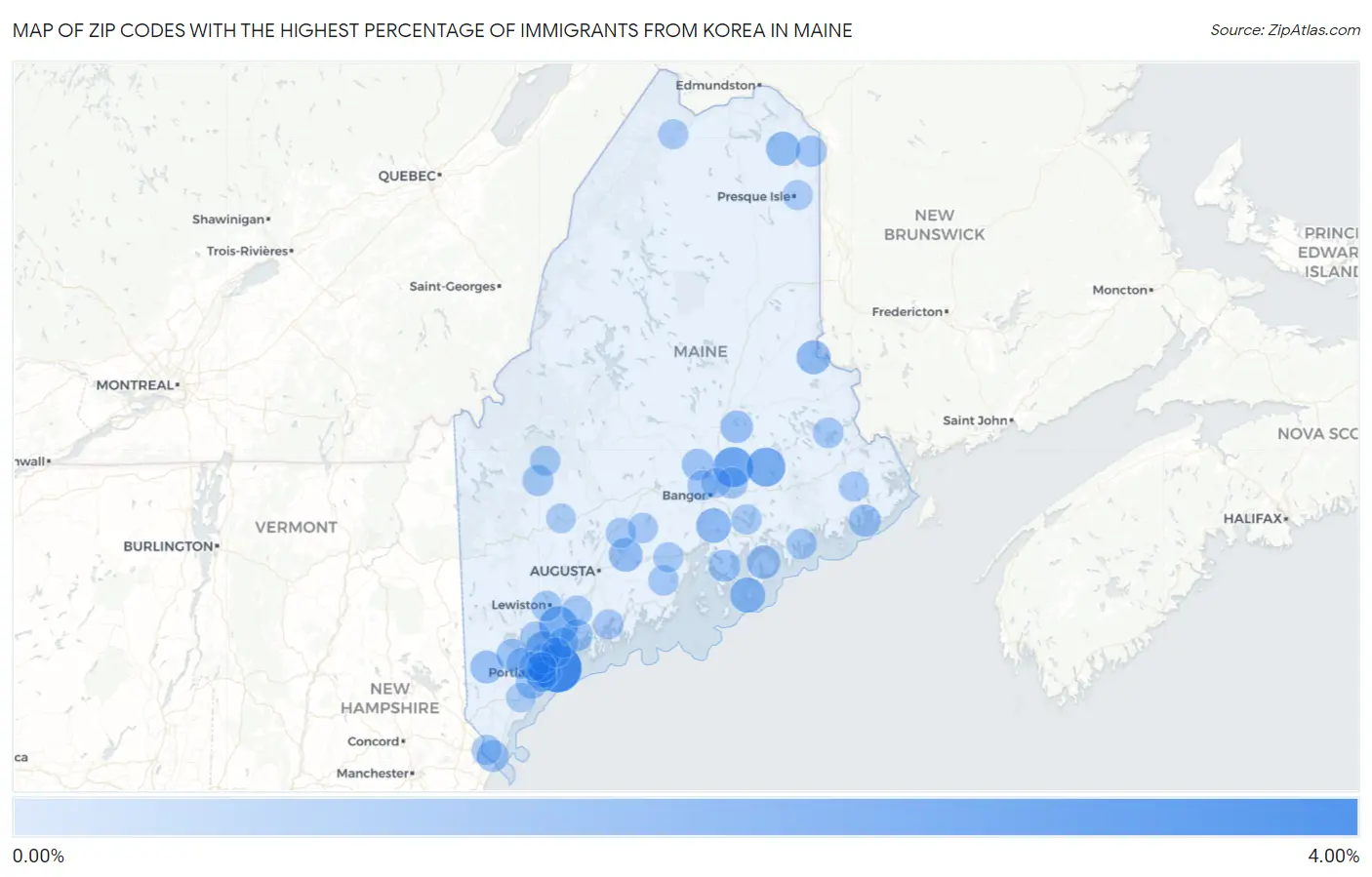 Zip Codes with the Highest Percentage of Immigrants from Korea in Maine Map