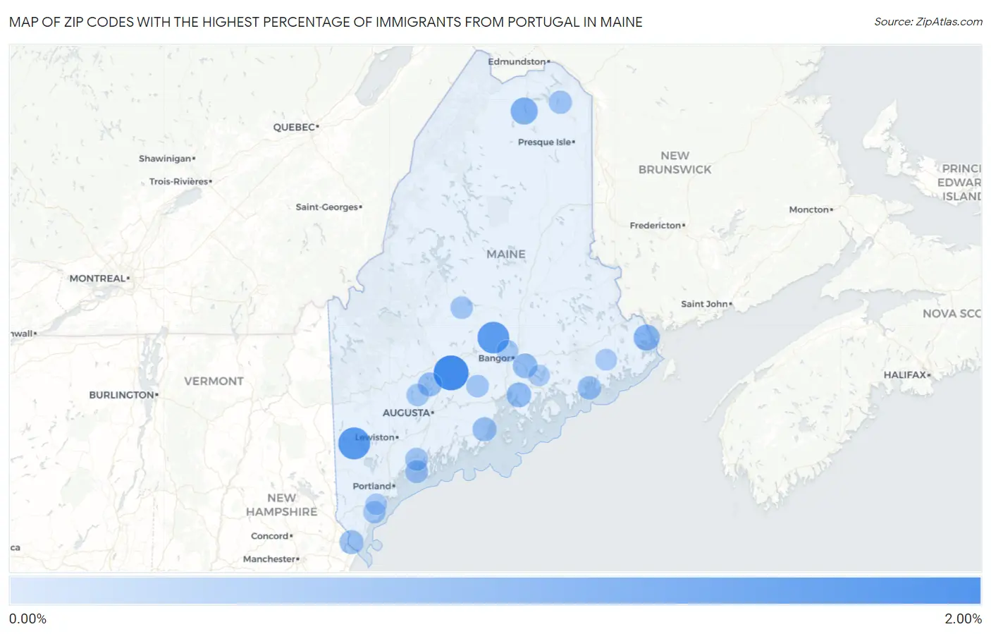 Zip Codes with the Highest Percentage of Immigrants from Portugal in Maine Map