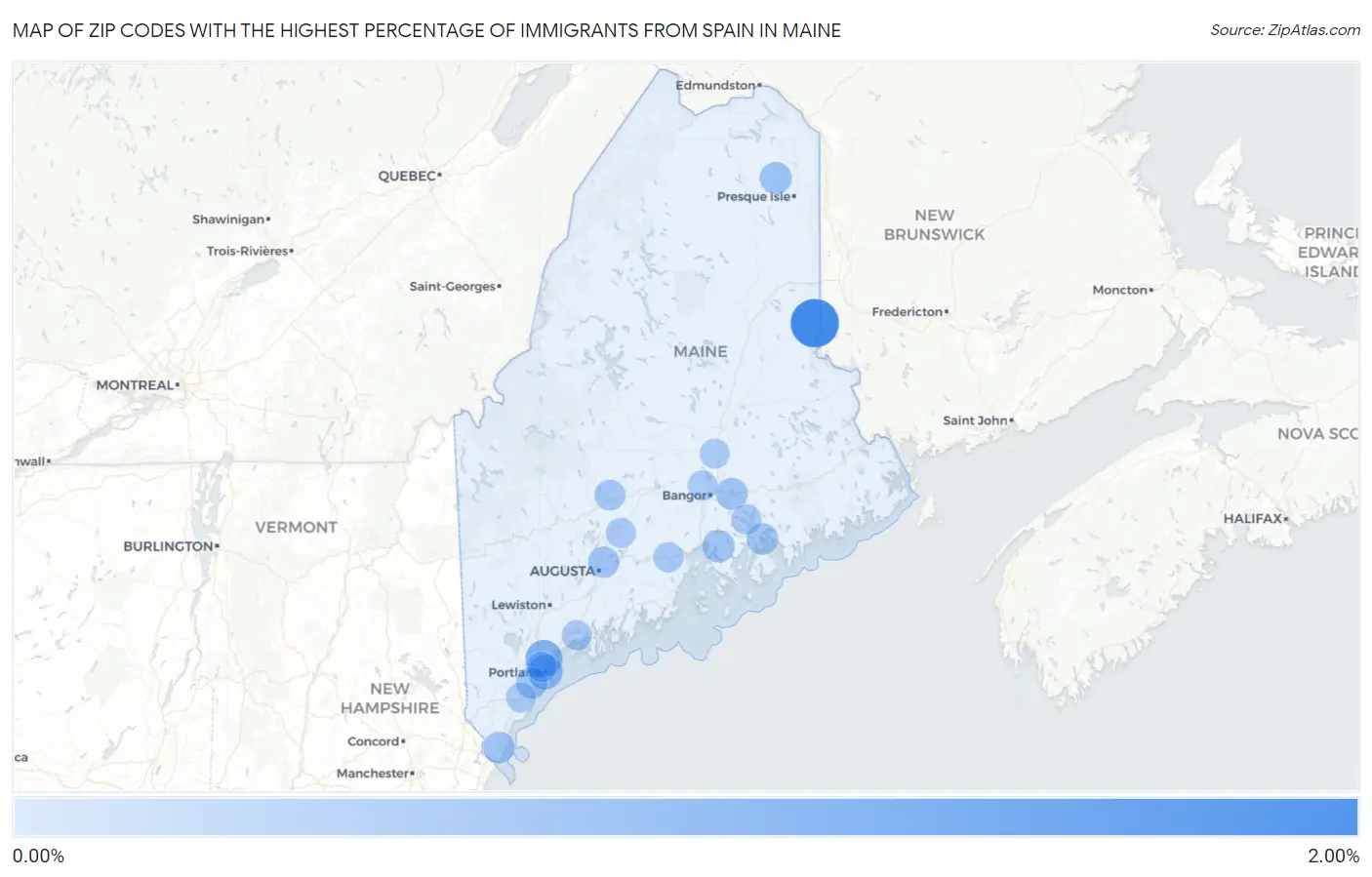 Zip Codes with the Highest Percentage of Immigrants from Spain in Maine Map