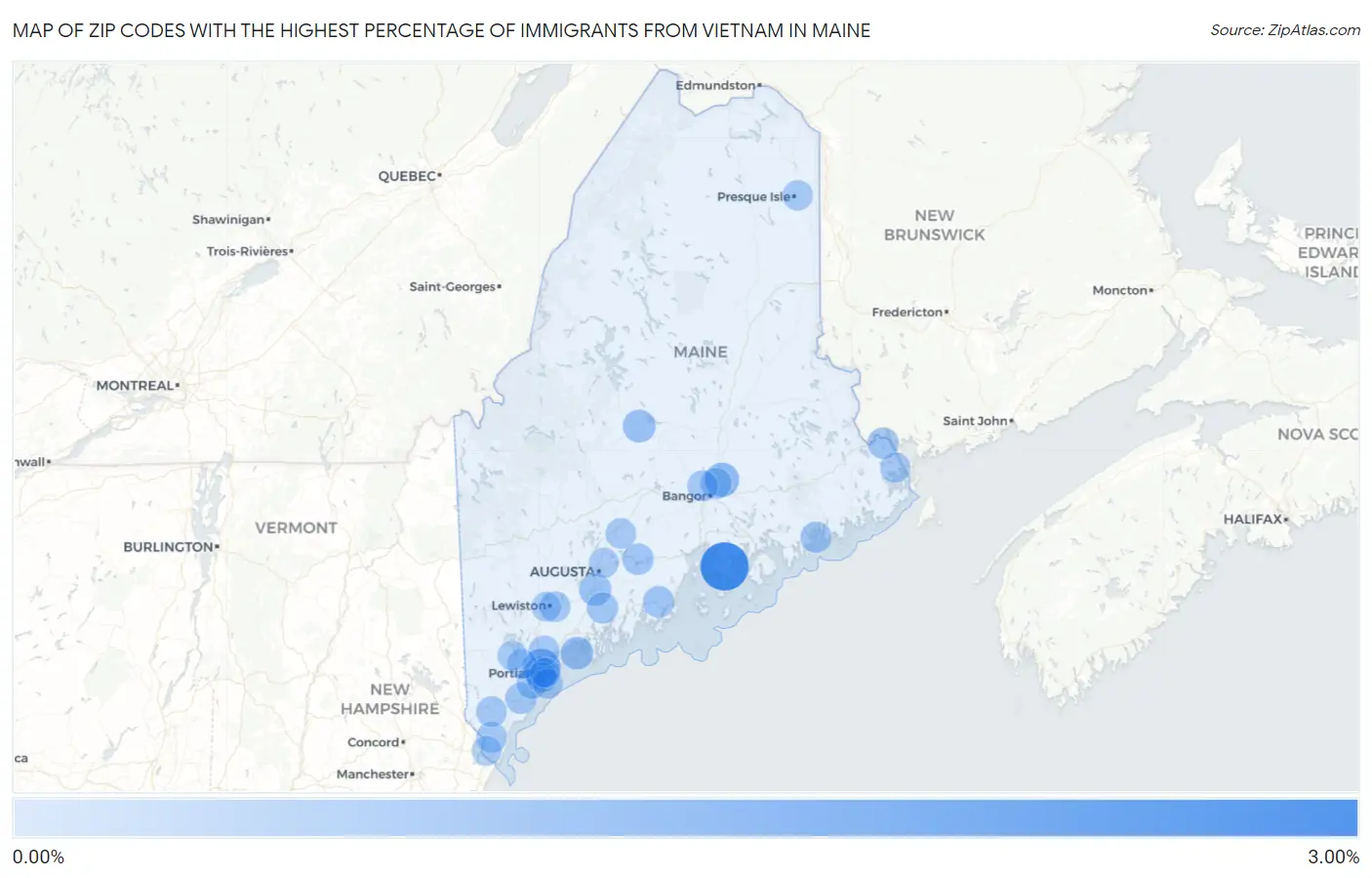 Zip Codes with the Highest Percentage of Immigrants from Vietnam in Maine Map