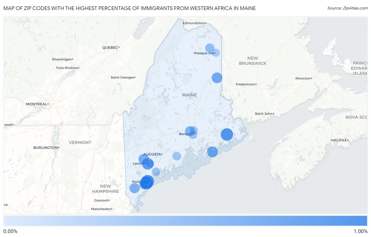 Zip Codes with the Highest Percentage of Immigrants from Western Africa in Maine Map