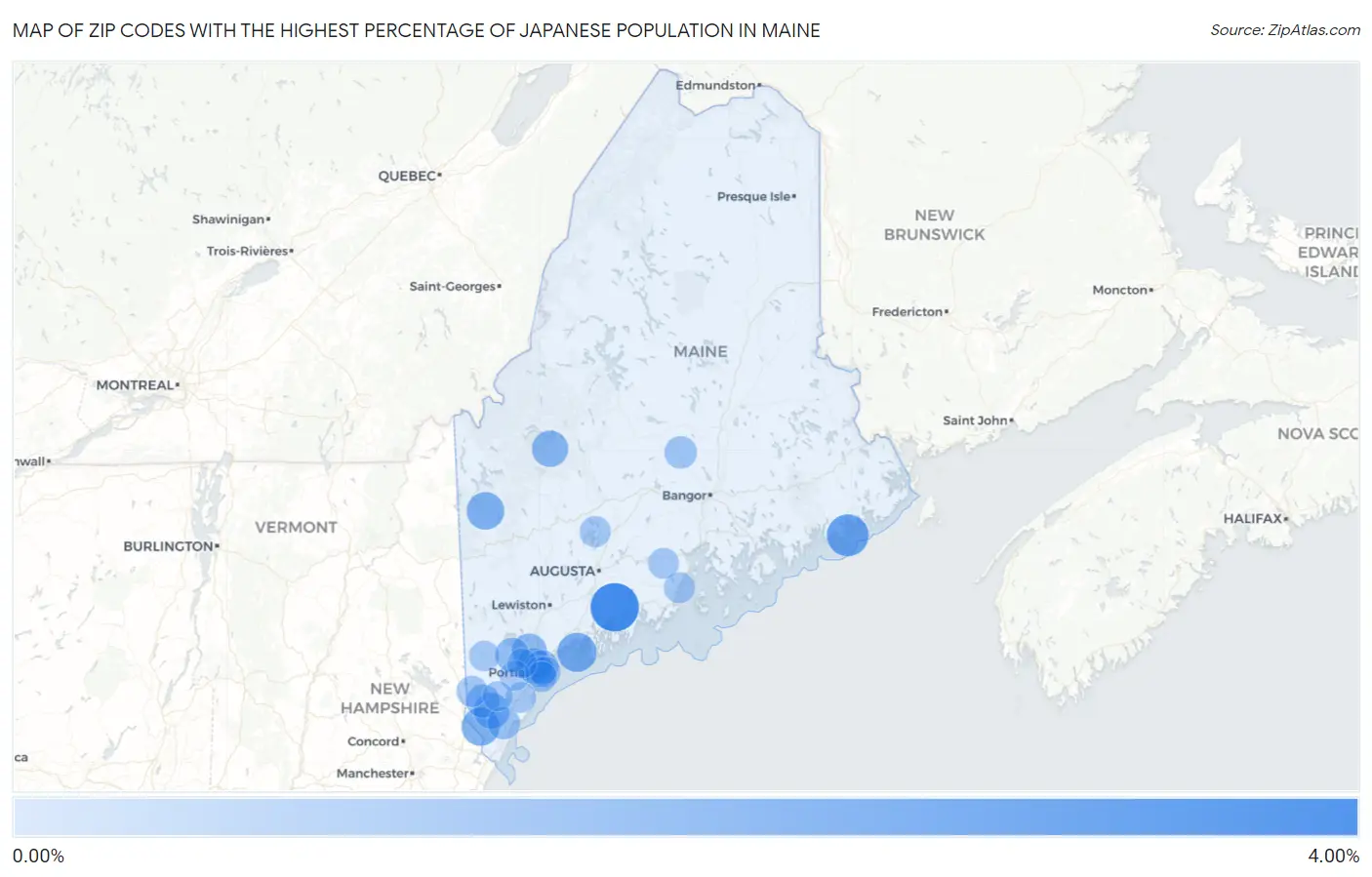 Zip Codes with the Highest Percentage of Japanese Population in Maine Map