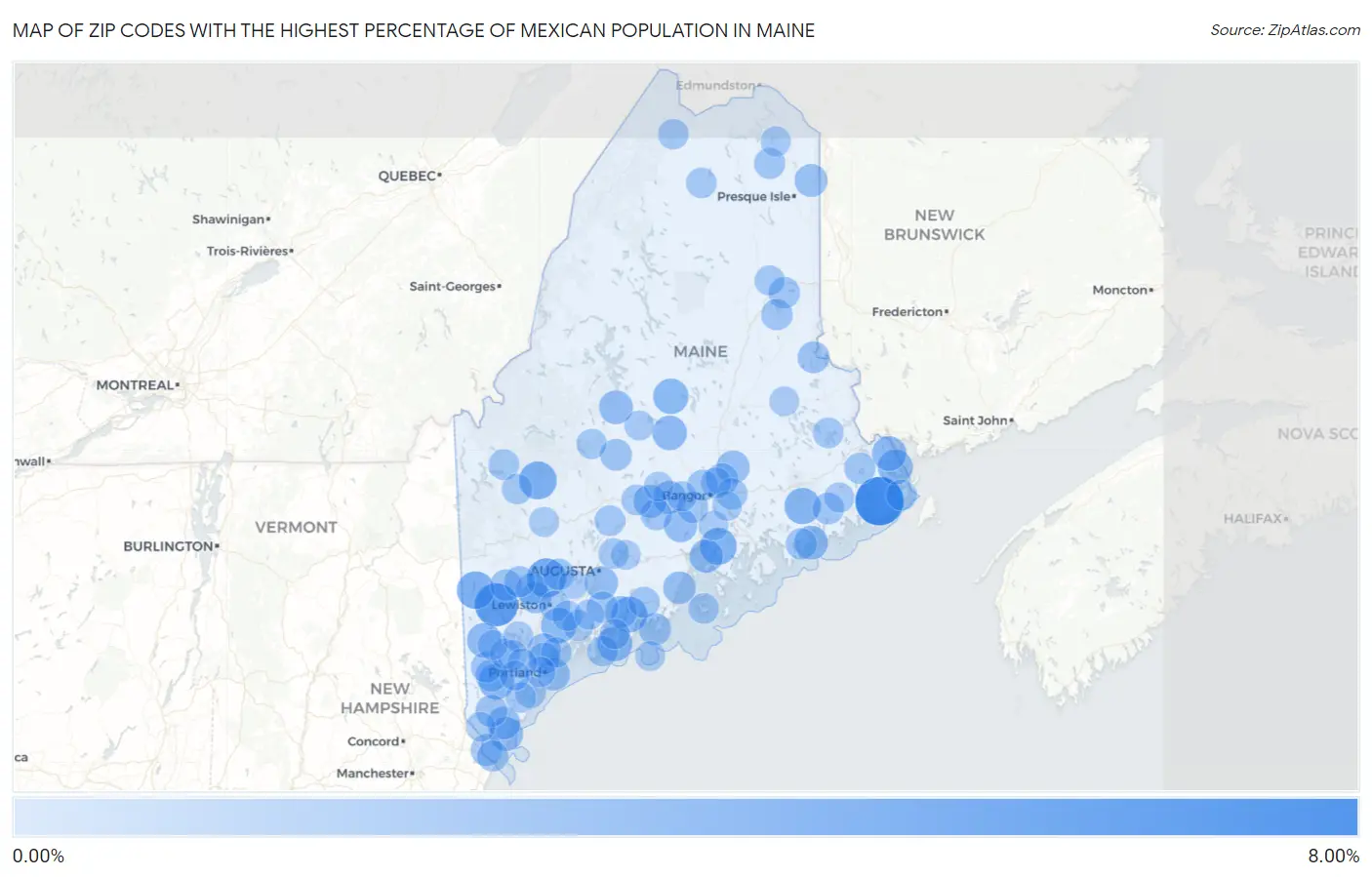 Zip Codes with the Highest Percentage of Mexican Population in Maine Map