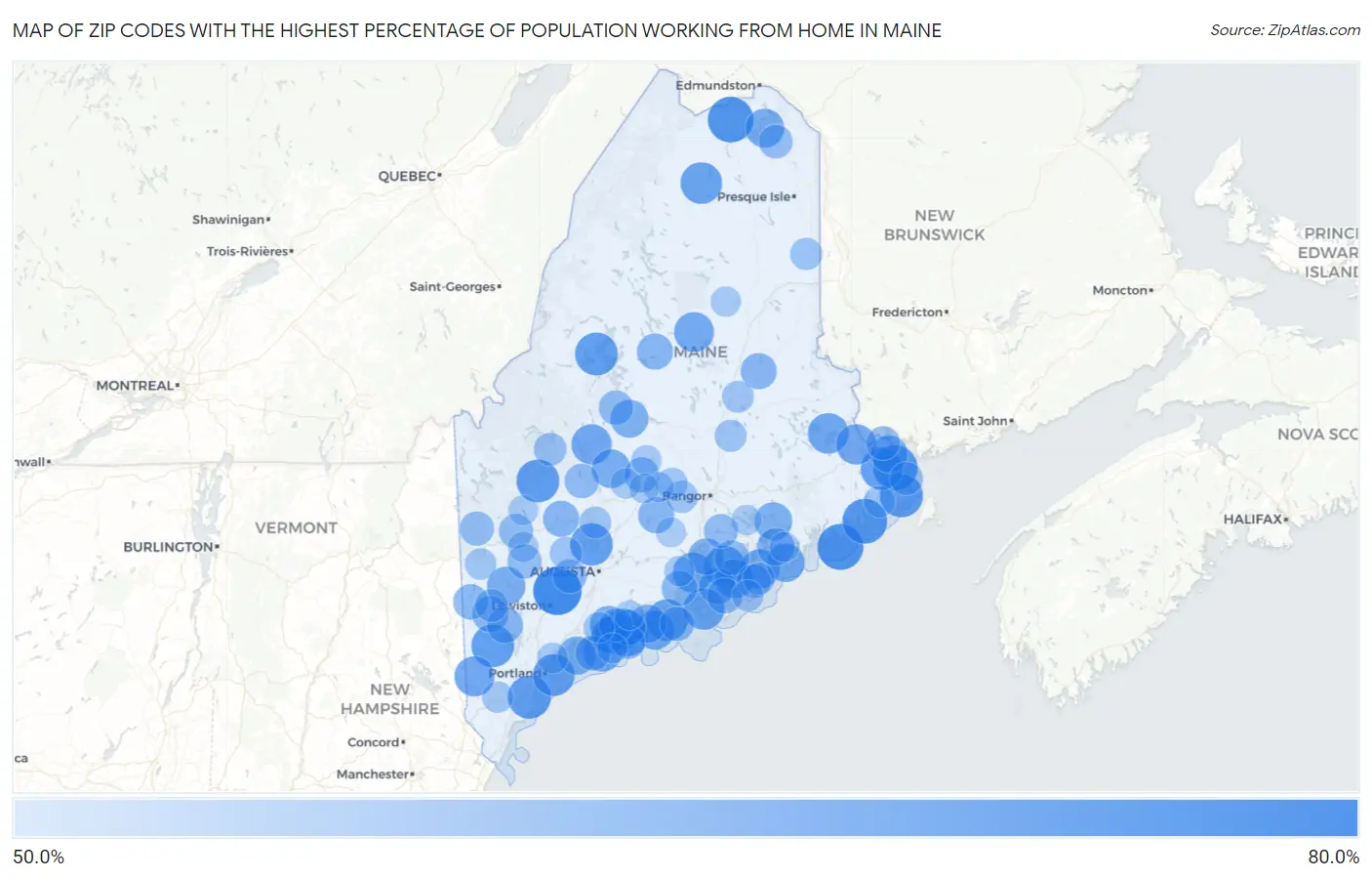Zip Codes with the Highest Percentage of Population Working from Home in Maine Map