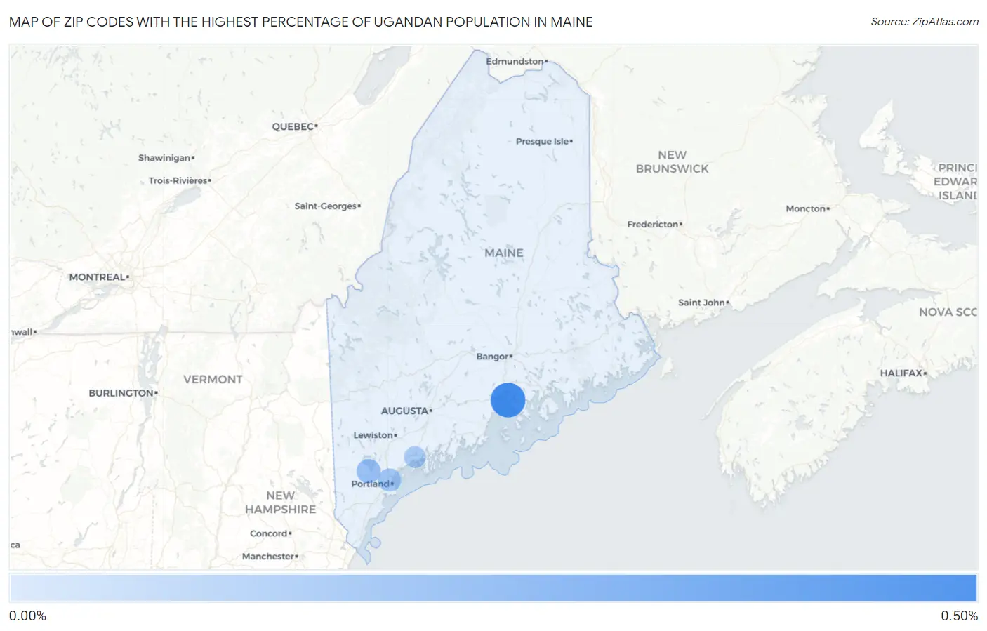 Zip Codes with the Highest Percentage of Ugandan Population in Maine Map