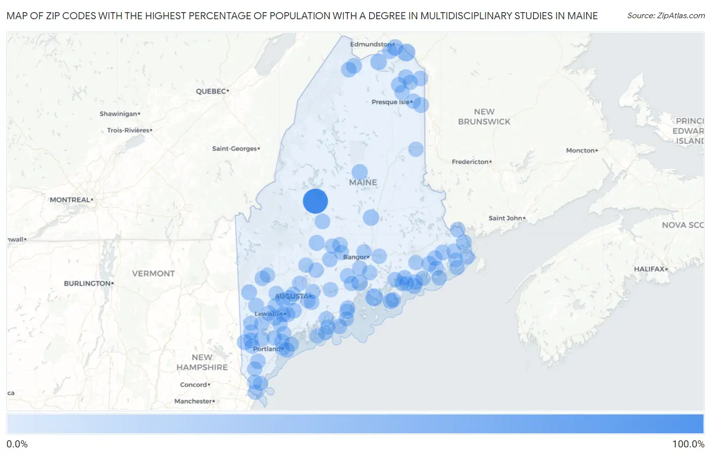 Zip Codes with the Highest Percentage of Population with a Degree in Multidisciplinary Studies in Maine Map
