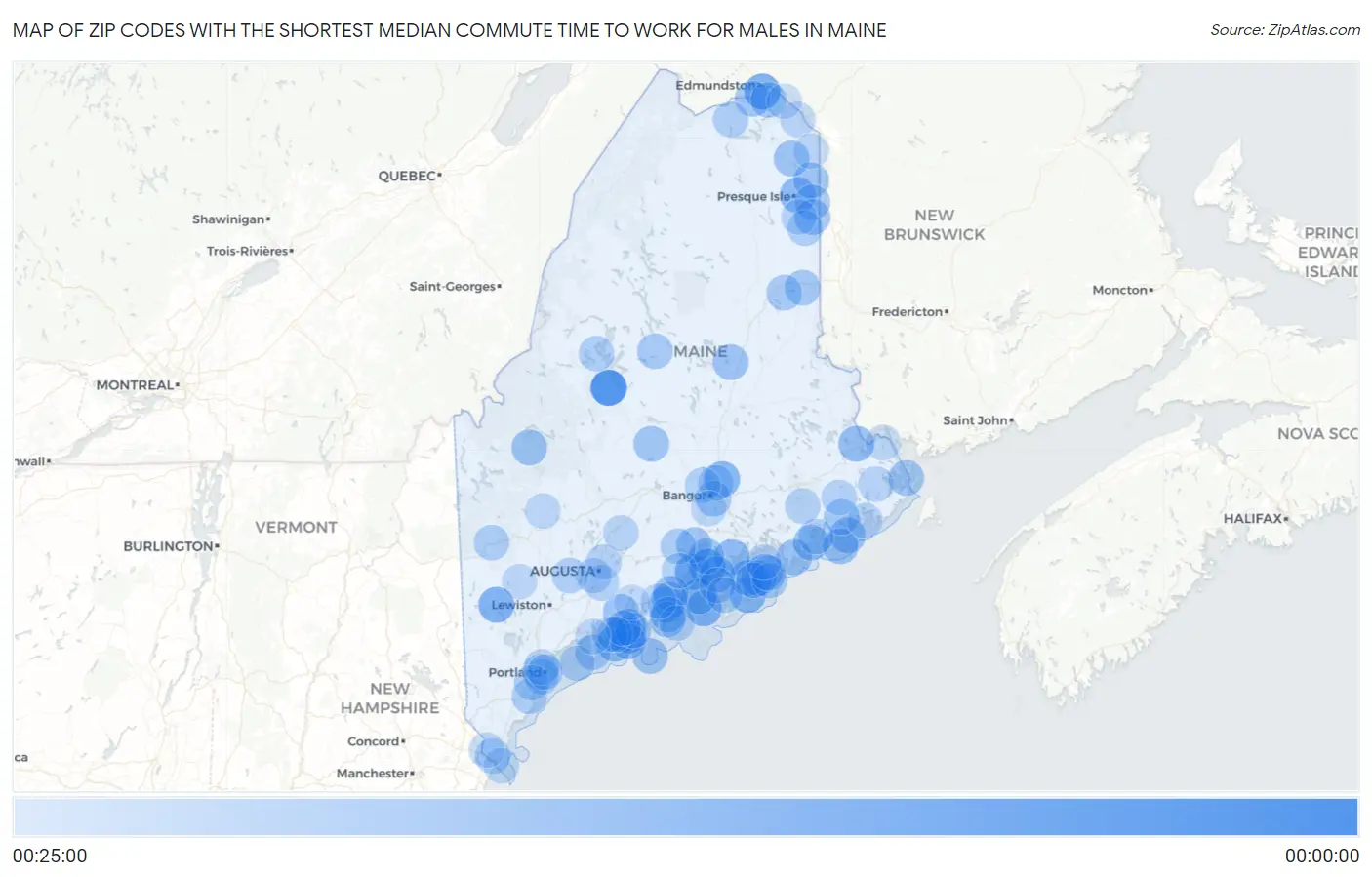 Zip Codes with the Shortest Median Commute Time to Work for Males in Maine Map