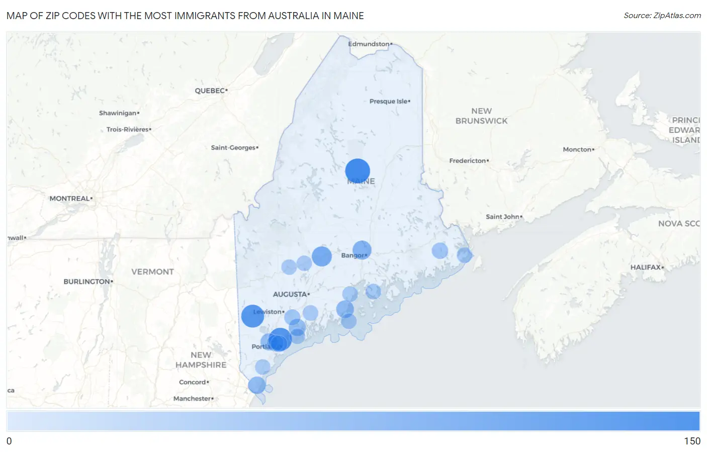 Zip Codes with the Most Immigrants from Australia in Maine Map