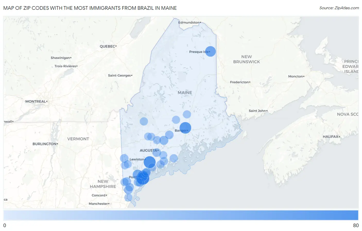 Zip Codes with the Most Immigrants from Brazil in Maine Map