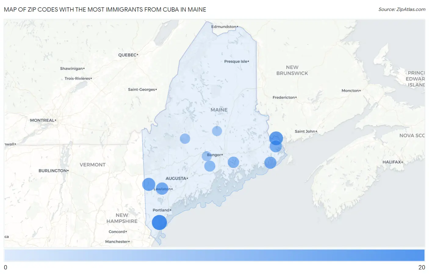 Zip Codes with the Most Immigrants from Cuba in Maine Map