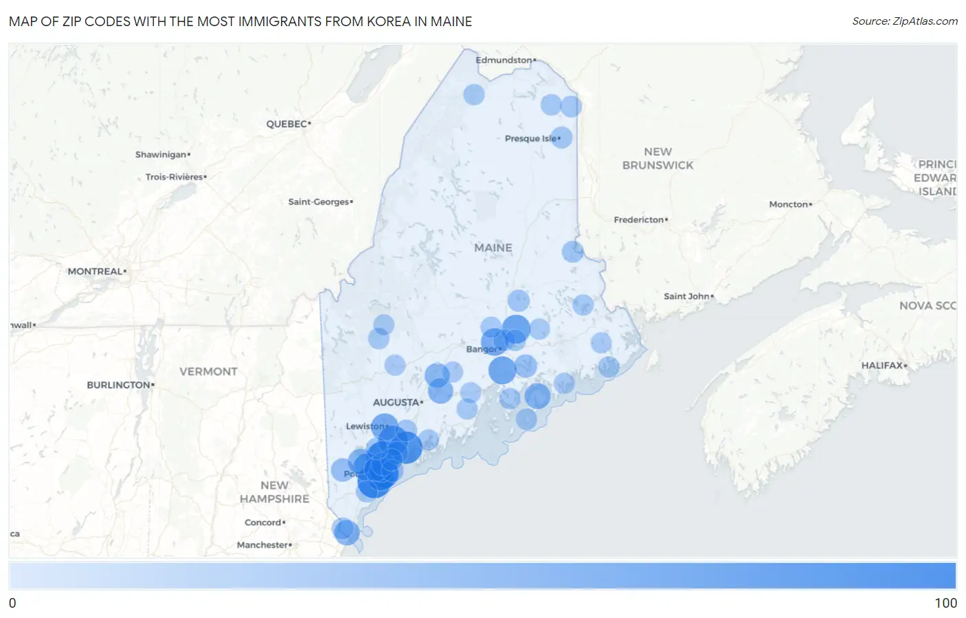 Zip Codes with the Most Immigrants from Korea in Maine Map
