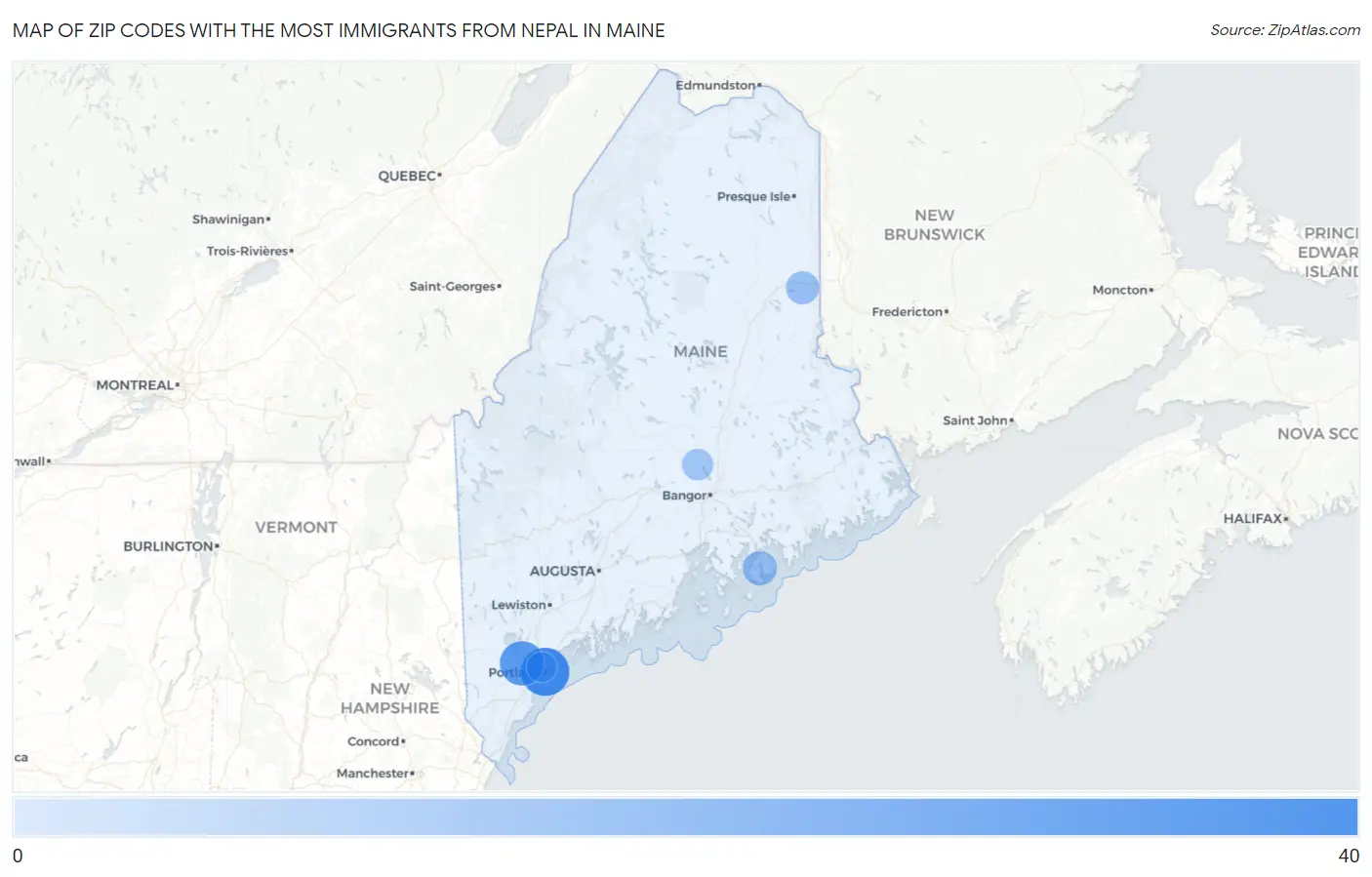 Zip Codes with the Most Immigrants from Nepal in Maine Map