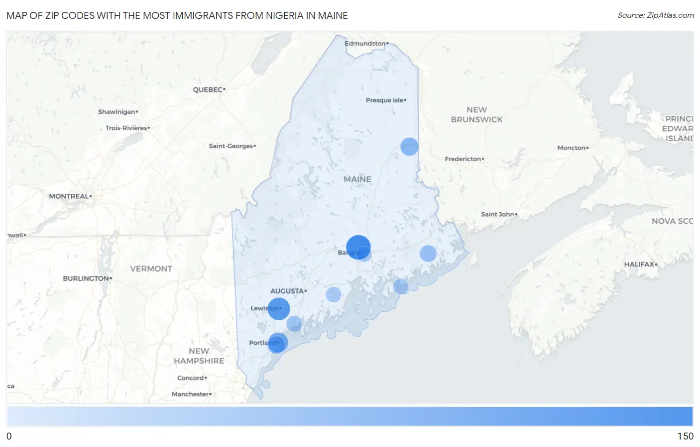 Zip Codes with the Most Immigrants from Nigeria in Maine Map