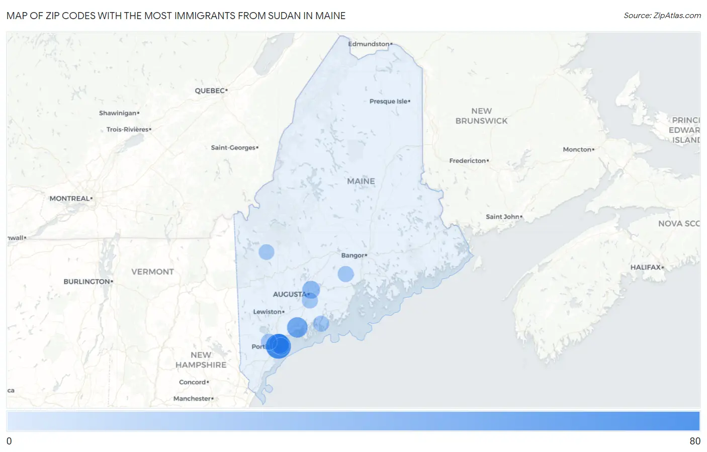 Zip Codes with the Most Immigrants from Sudan in Maine Map