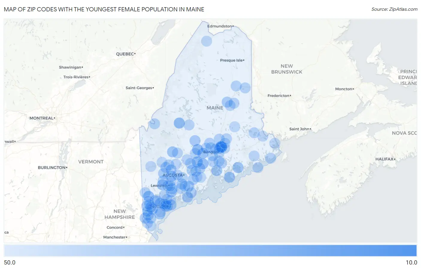 Zip Codes with the Youngest Female Population in Maine Map